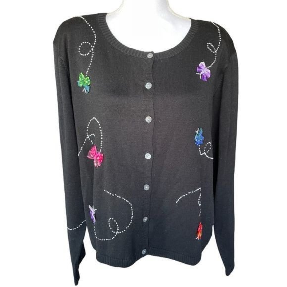 Jack B. Quick Sweaters - Vintage Jack B. Quick Women's Sweater Cardigan XL Butterflies Rhinestones Black